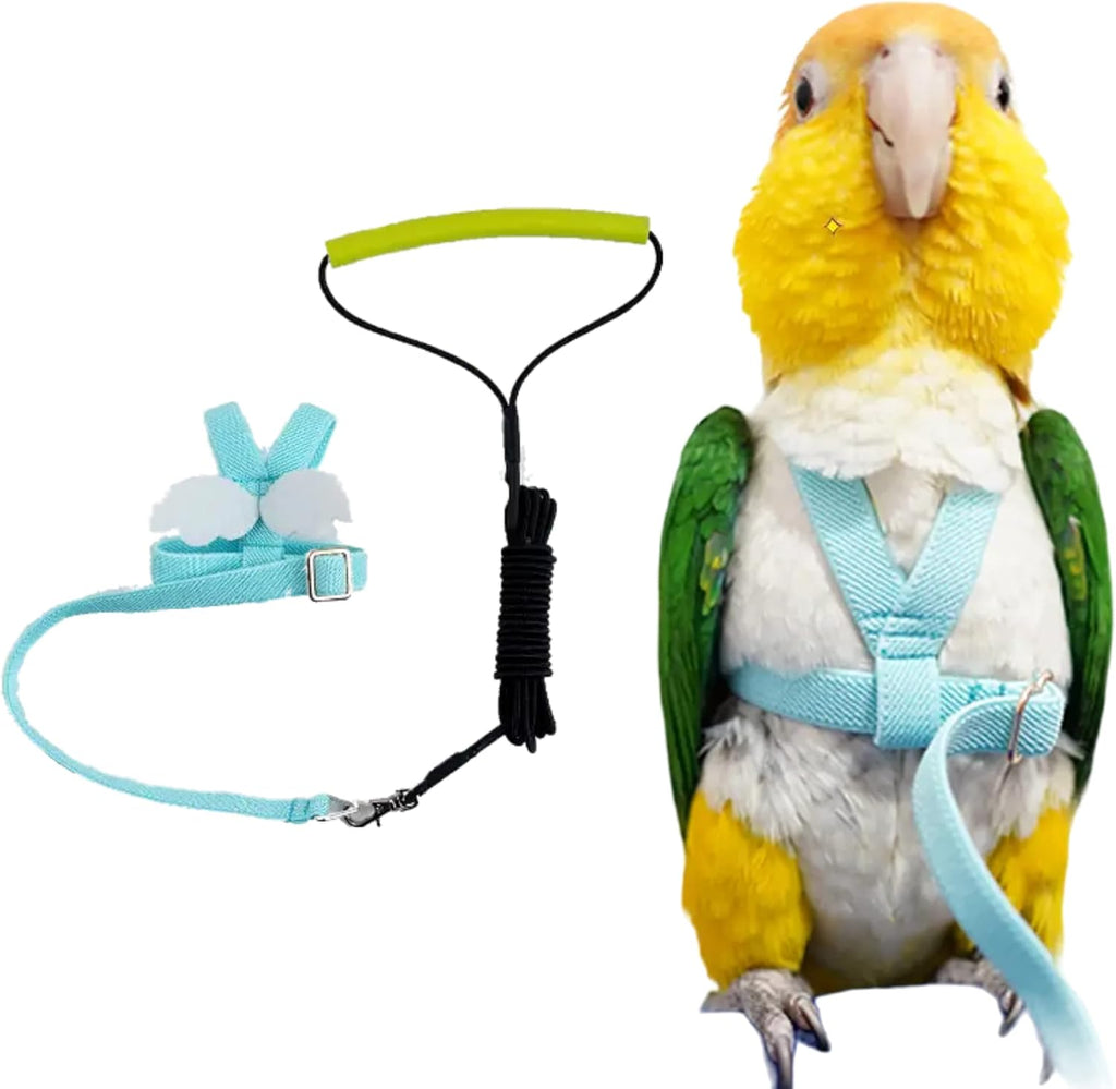 Barn Eleven pet parrot bird harness front view showing blue color and wings