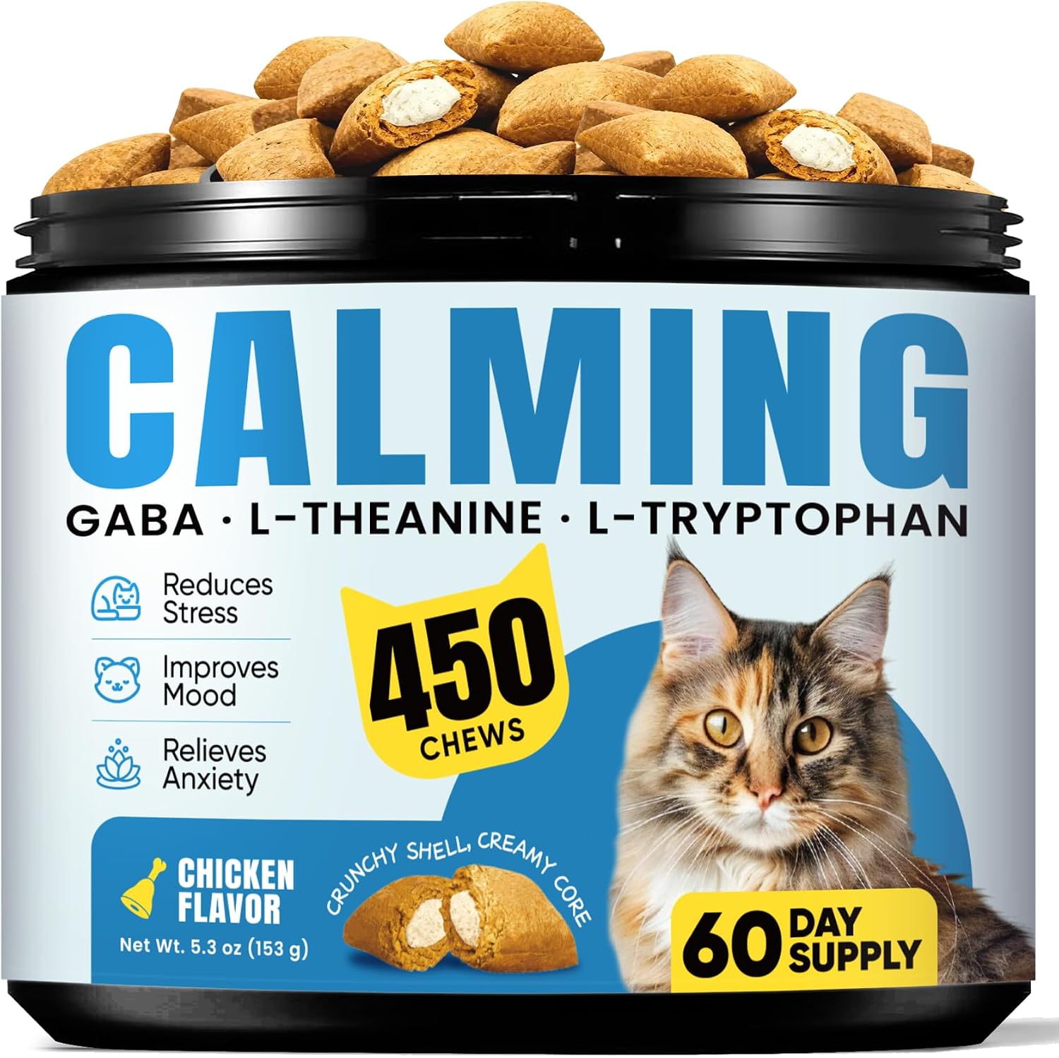 BuddyCheer calming cat treats front view of four hundred and fifty count container