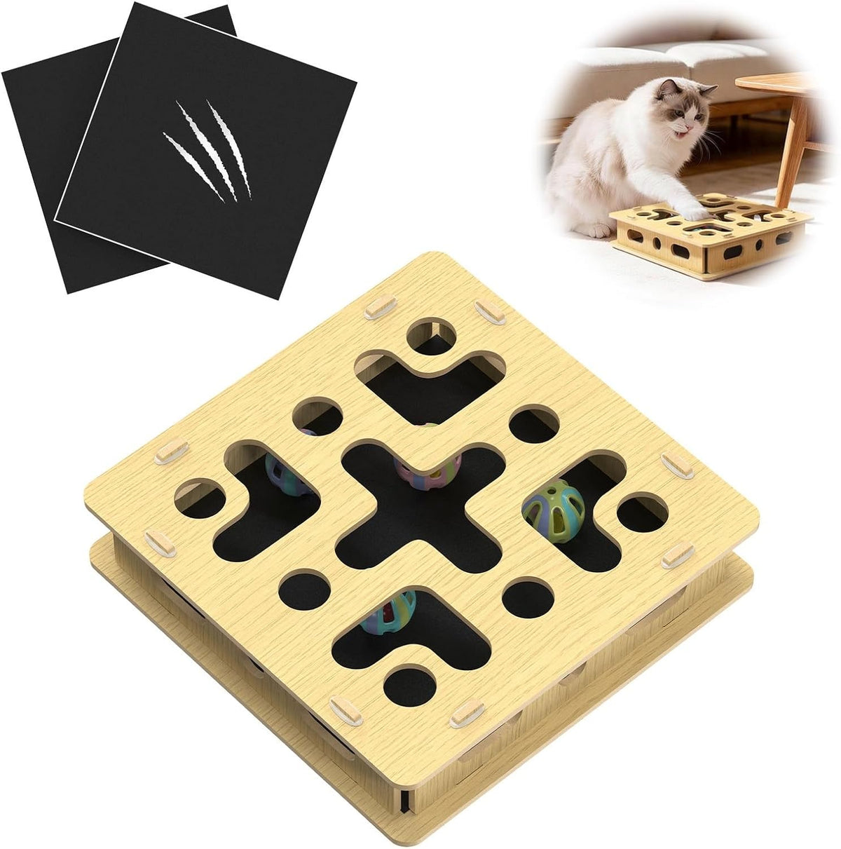 Cat Nail File Box with 3 Sandpaper Pads & 4 Bell Balls, EIODEAR Sturdy Wood Self-Grooming Scratcher for Treat-Motivated Cats, Interactive Cat Scratch Puzzle Enrichment Box with Silicone Security Rings - Image 9