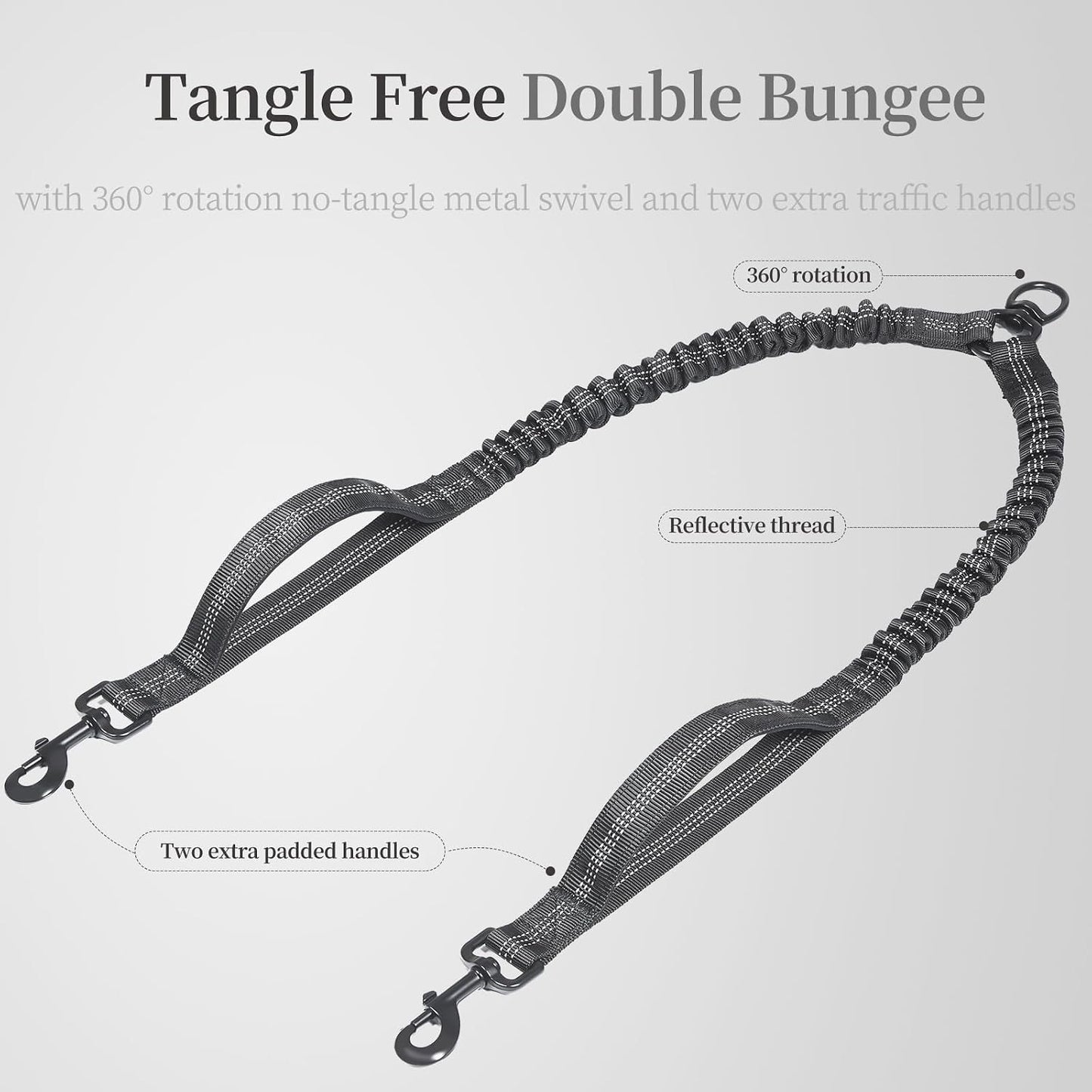 Shock absorbing bungee dog leash extension for two dogs