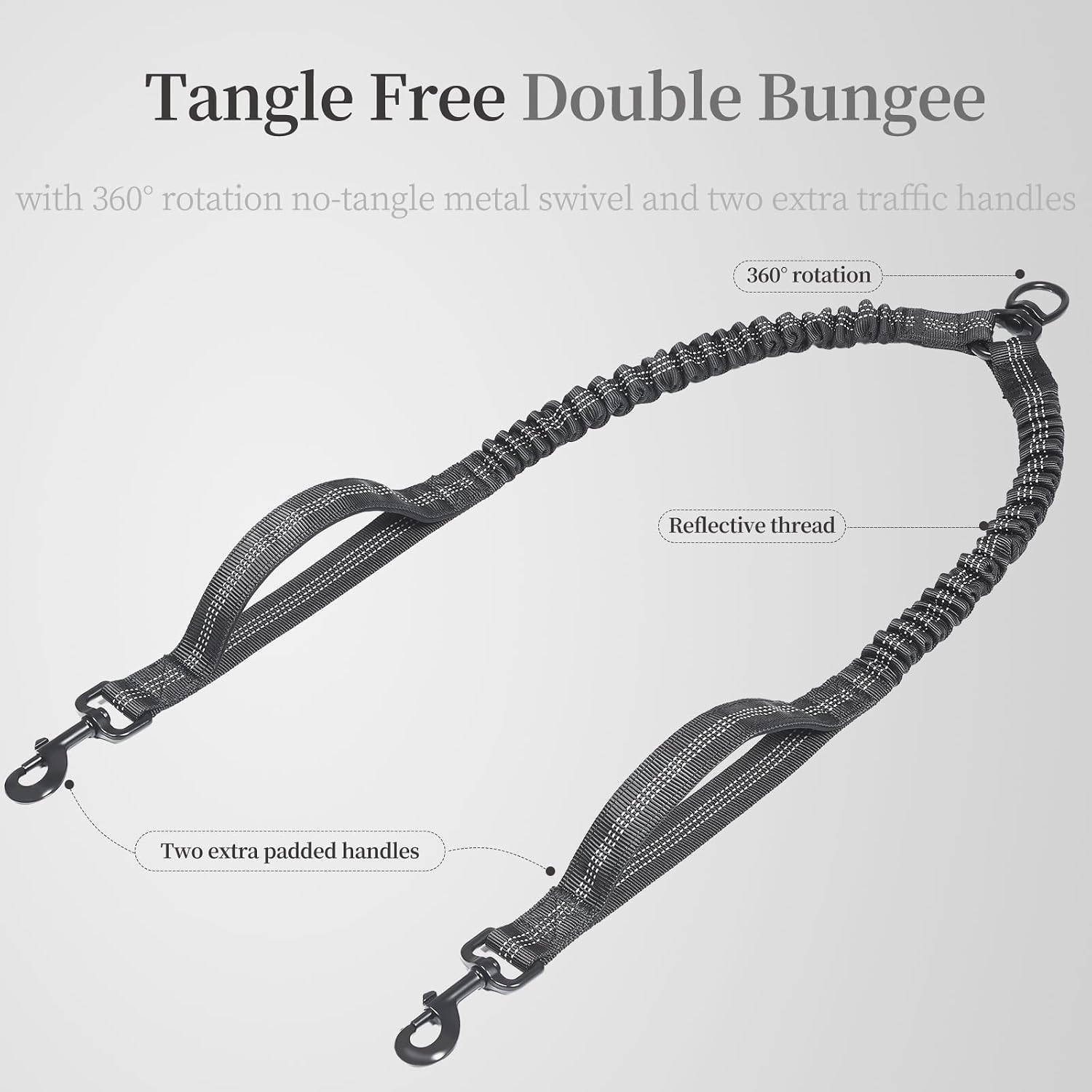 Shock absorbing bungee dog leash extension for two dogs