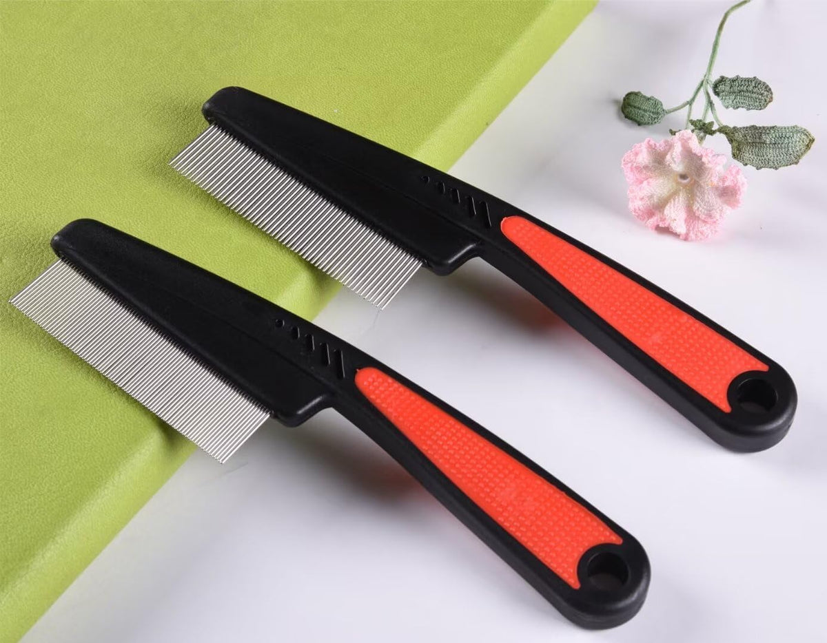 2 Pieces Fine Tooth and Wide Tooth Dog Grooming Comb - Rubber Handle Hair Comb for Small Dogs & Cats with Flea and Tick Removal (2PCS, Black Red) - Image 8
