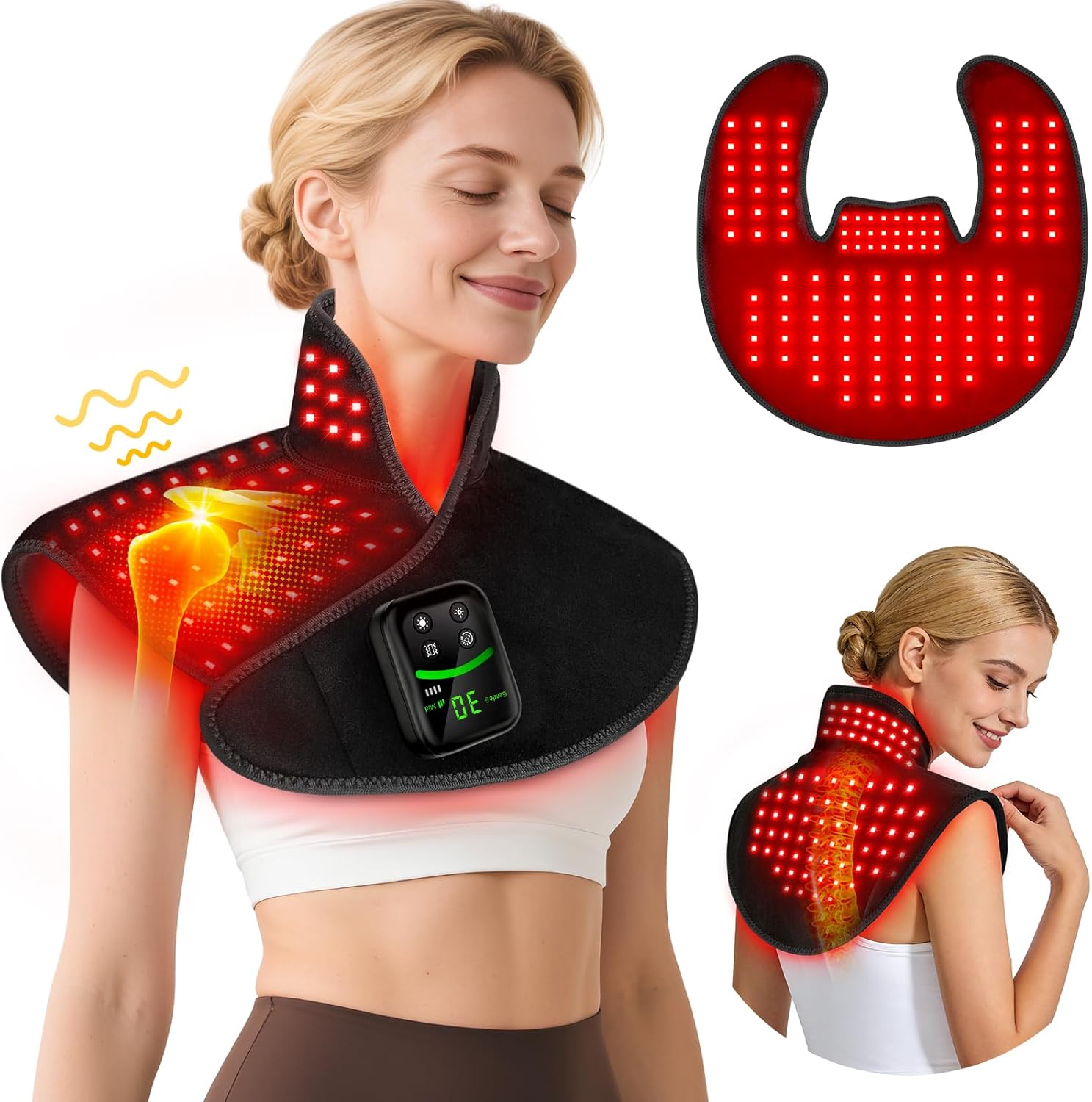 HALIDODO red light therapy neck and shoulder wrap front view showing one hundred eighteen LEDs illuminated