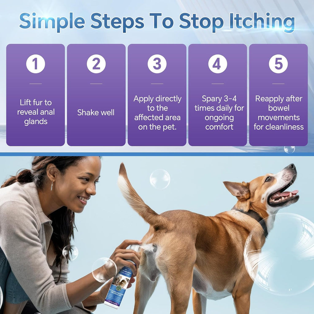 Dog scooting relief spray application demonstration on pet fur
