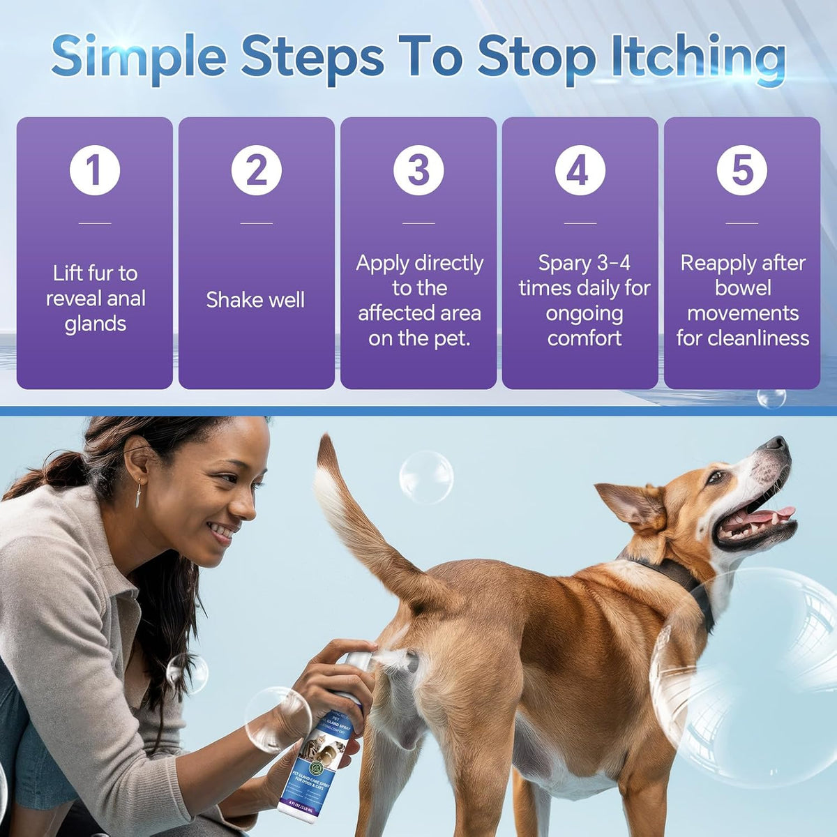 Dog scooting relief spray application demonstration on pet fur