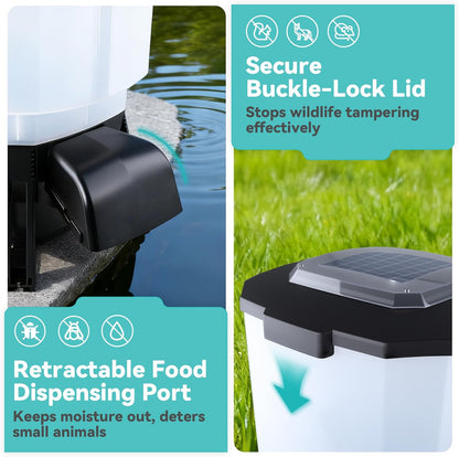 Dehyteco koi pond feeder demonstrating the animal proof moisture resistant locking lid.