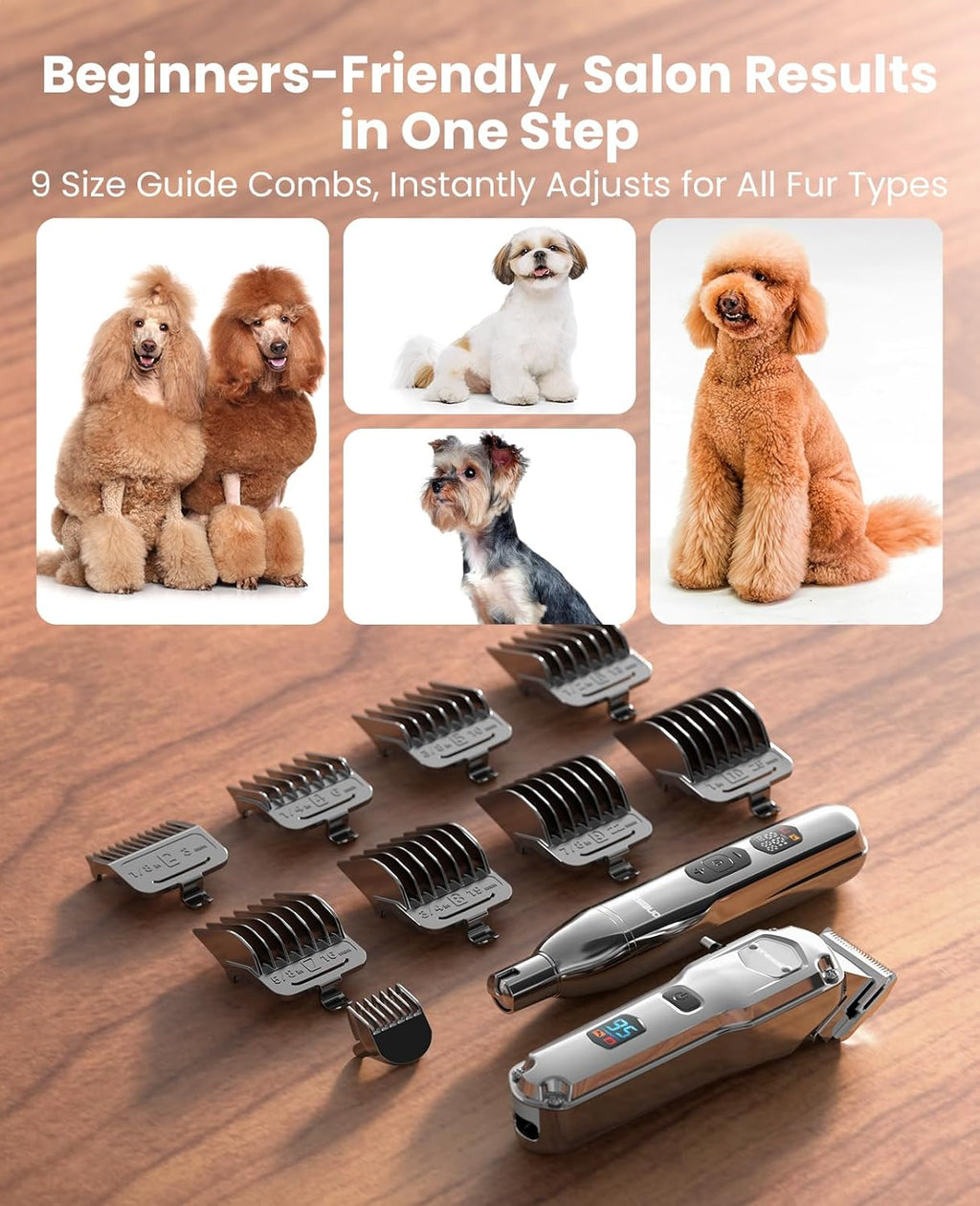 Full contents of the Oneisall heavy duty animal grooming kit laid out with charging accessories.