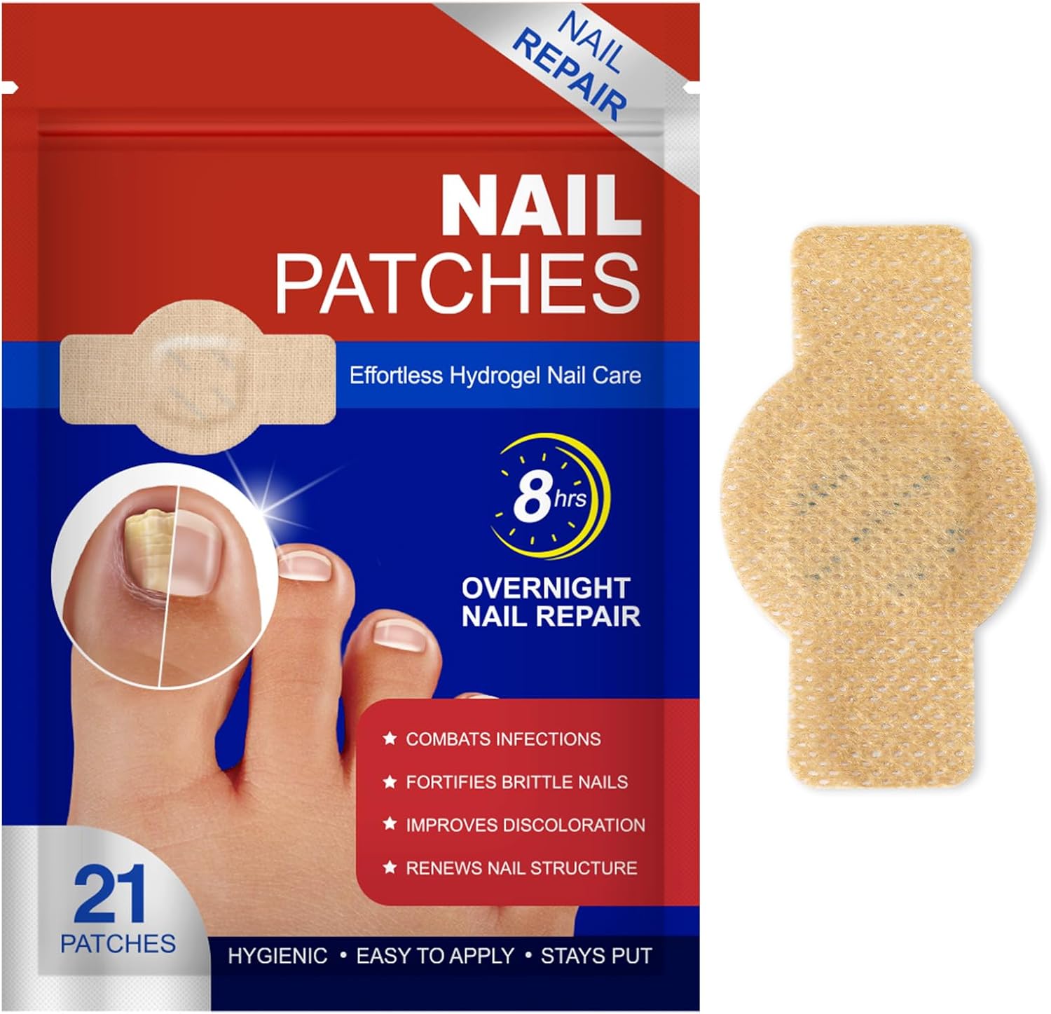 Plethora overnight nail repair patches packaging front view showcasing 21 pieces for fungal toenails.