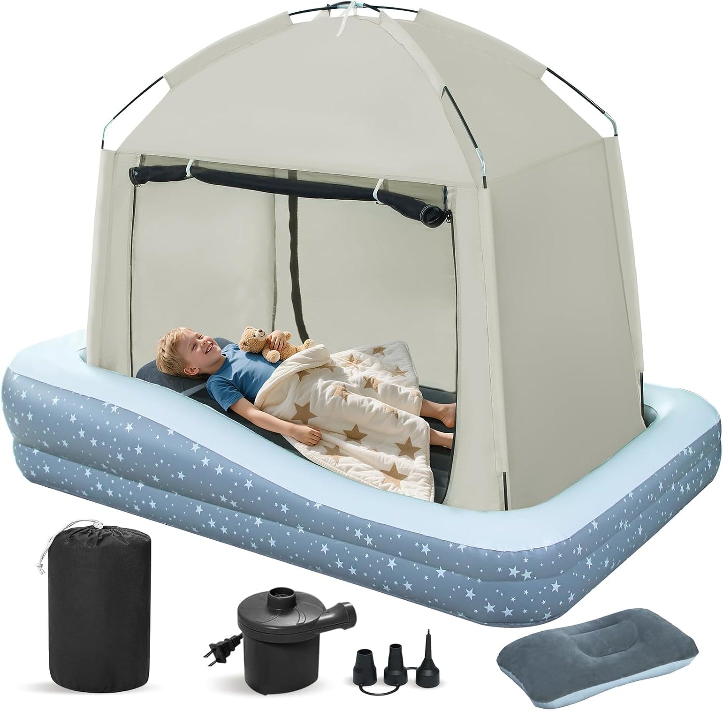 Deeteck inflatable toddler travel bed with tent front view showing mattress and secure bumpers