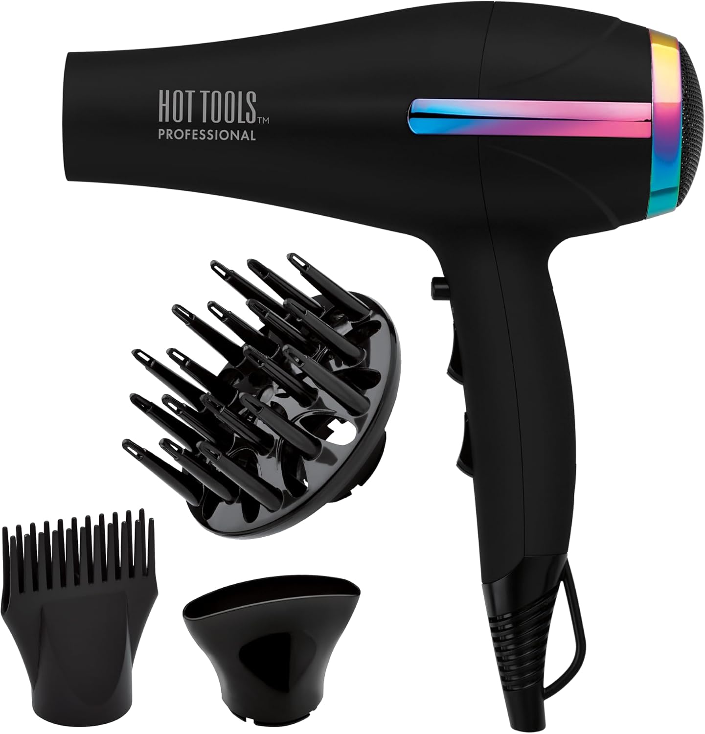 HOT TOOLS Professional Ceramic Rainbow Hair Dryer front view showcasing the unique rainbow chrome accent ring