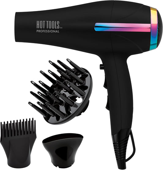 HOT TOOLS Professional Ceramic Rainbow Hair Dryer front view showcasing the unique rainbow chrome accent ring