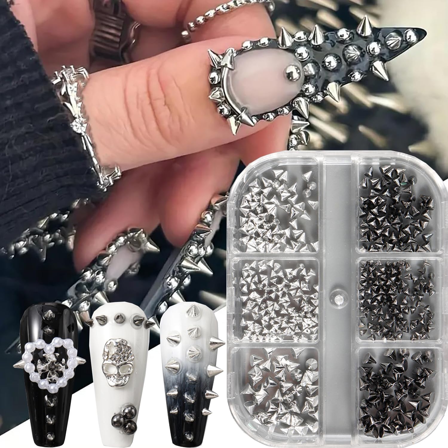 BSBTBZ 6 Grids Punk Bullet Rivet Nail Charms front view in storage box