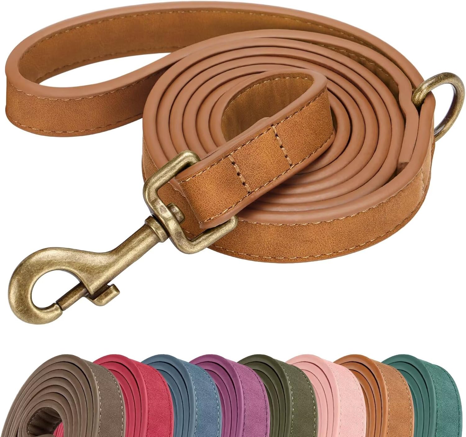 Didog premium PU leather dog leash front view in light brown color for small dogs.