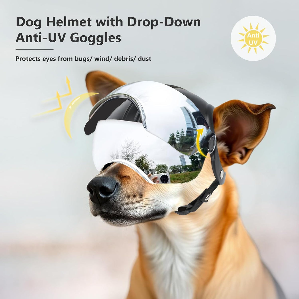 Top view of adjustable magic tape strap on dog motorcycle helmet