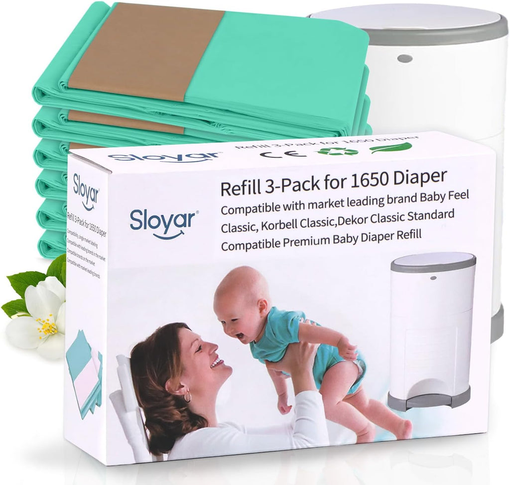 Sloyar diaper pail refills front view showing 3 pack packaging