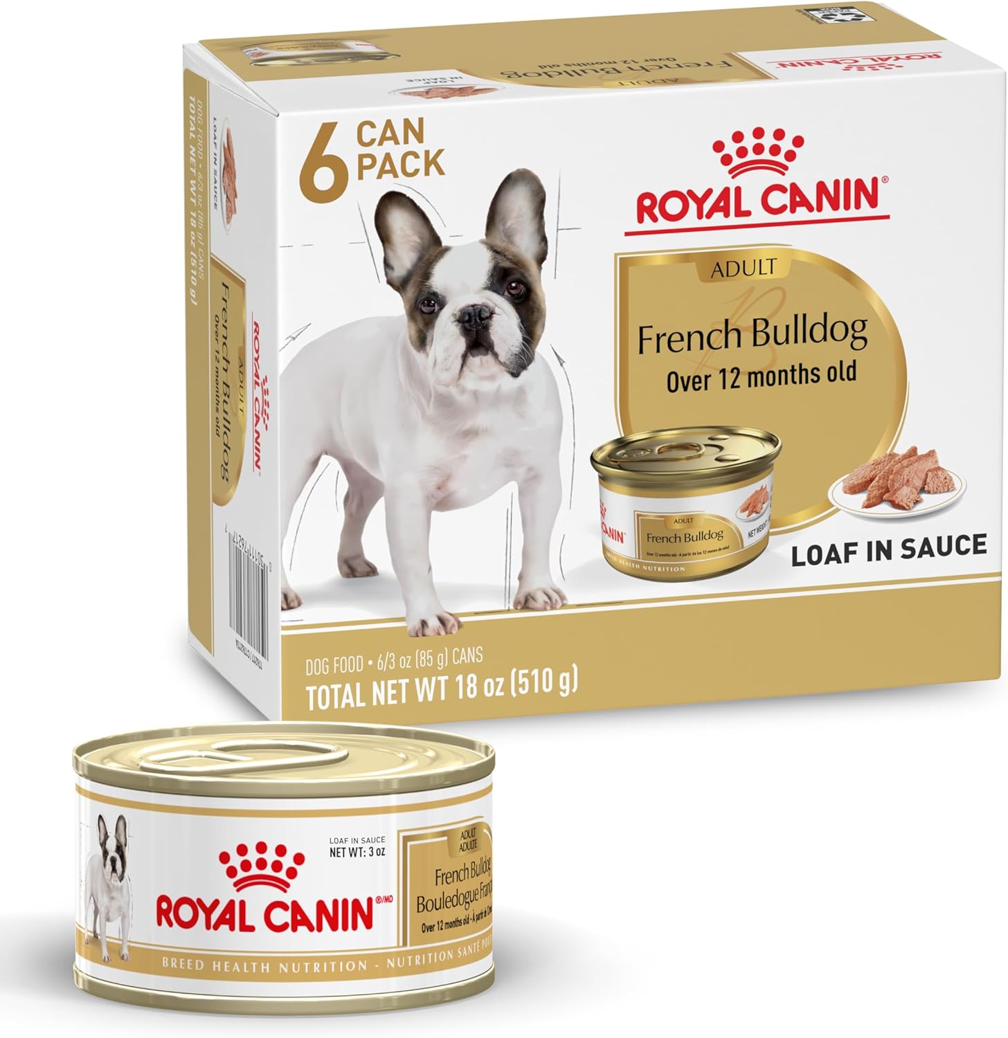 Royal Canin French Bulldog adult wet dog food front view of the premium imported six pack packaging.