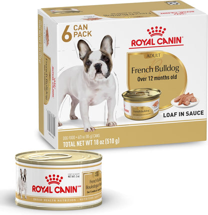 Royal Canin French Bulldog adult wet dog food front view of the premium imported six pack packaging.