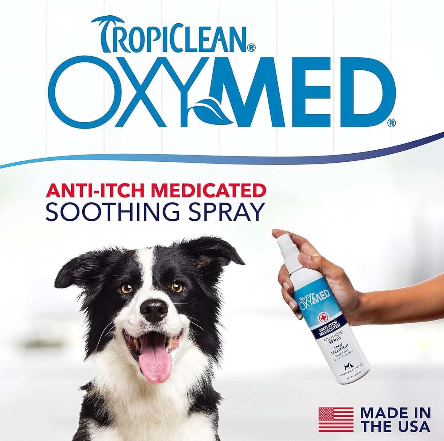 TropiClean OxyMed medicated spray back label with ingredients and usage directions