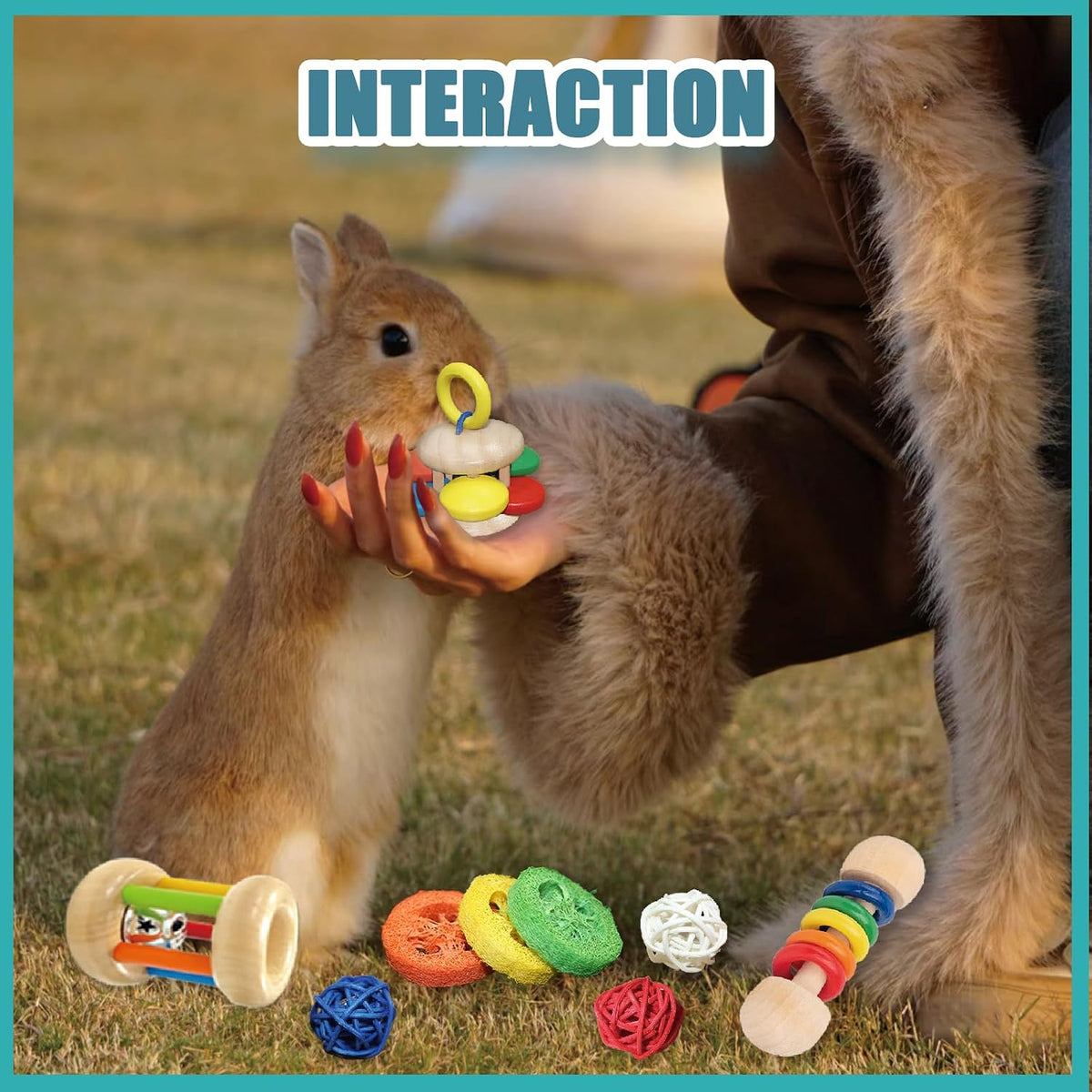 Premium nine pack small animal activity toys containing rattles and textured wood