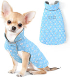 Mile High Life dog warm coat in blue front view on small puppy