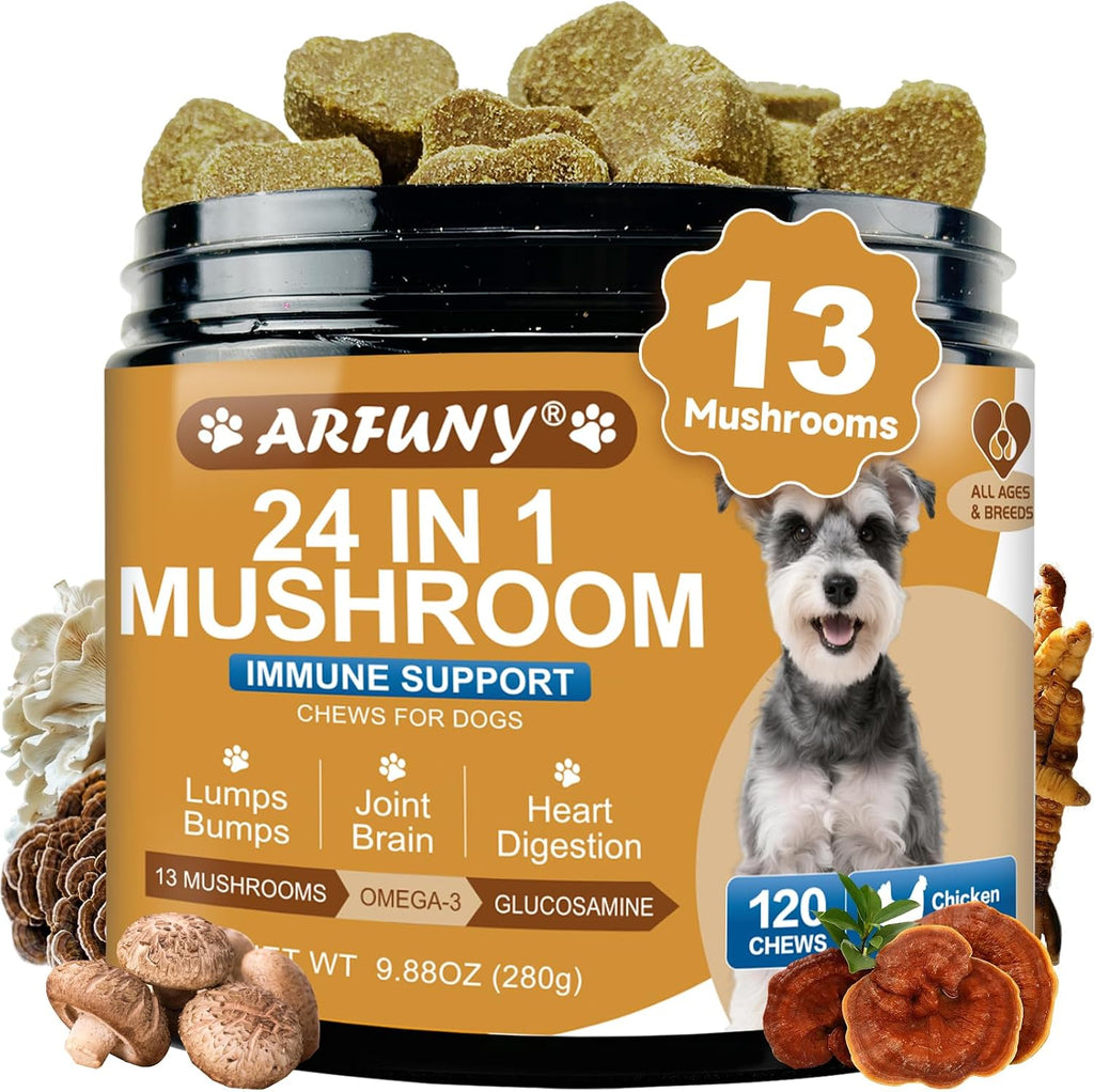 Santkol Naseny Mushrooms for Dogs bottle front view showing organic blend benefits