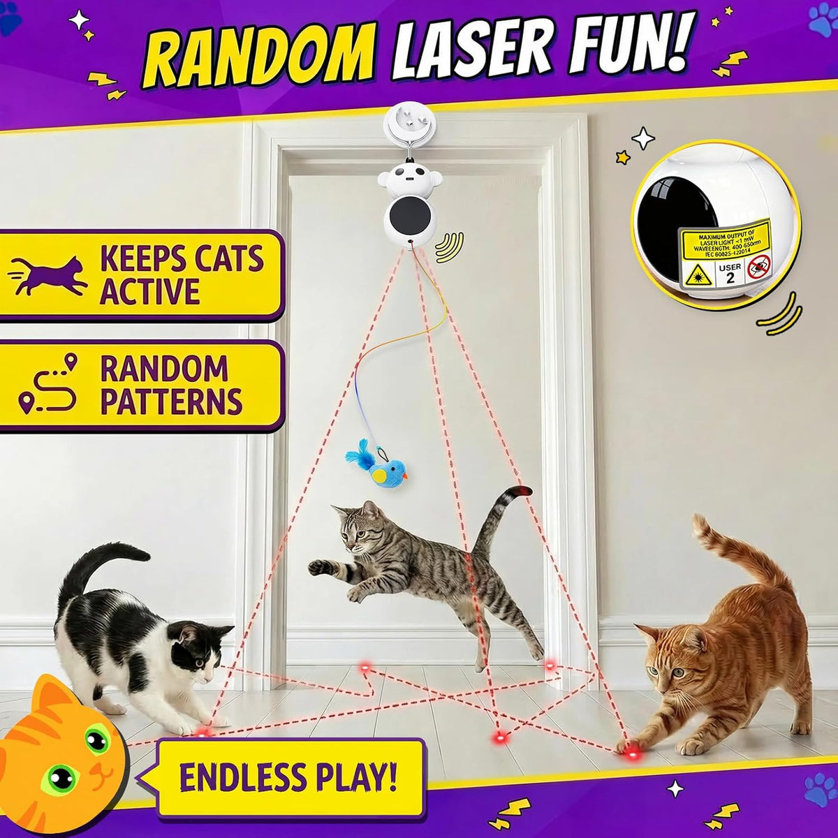 Indoor cats chasing the automatic red laser pointer light on the floor