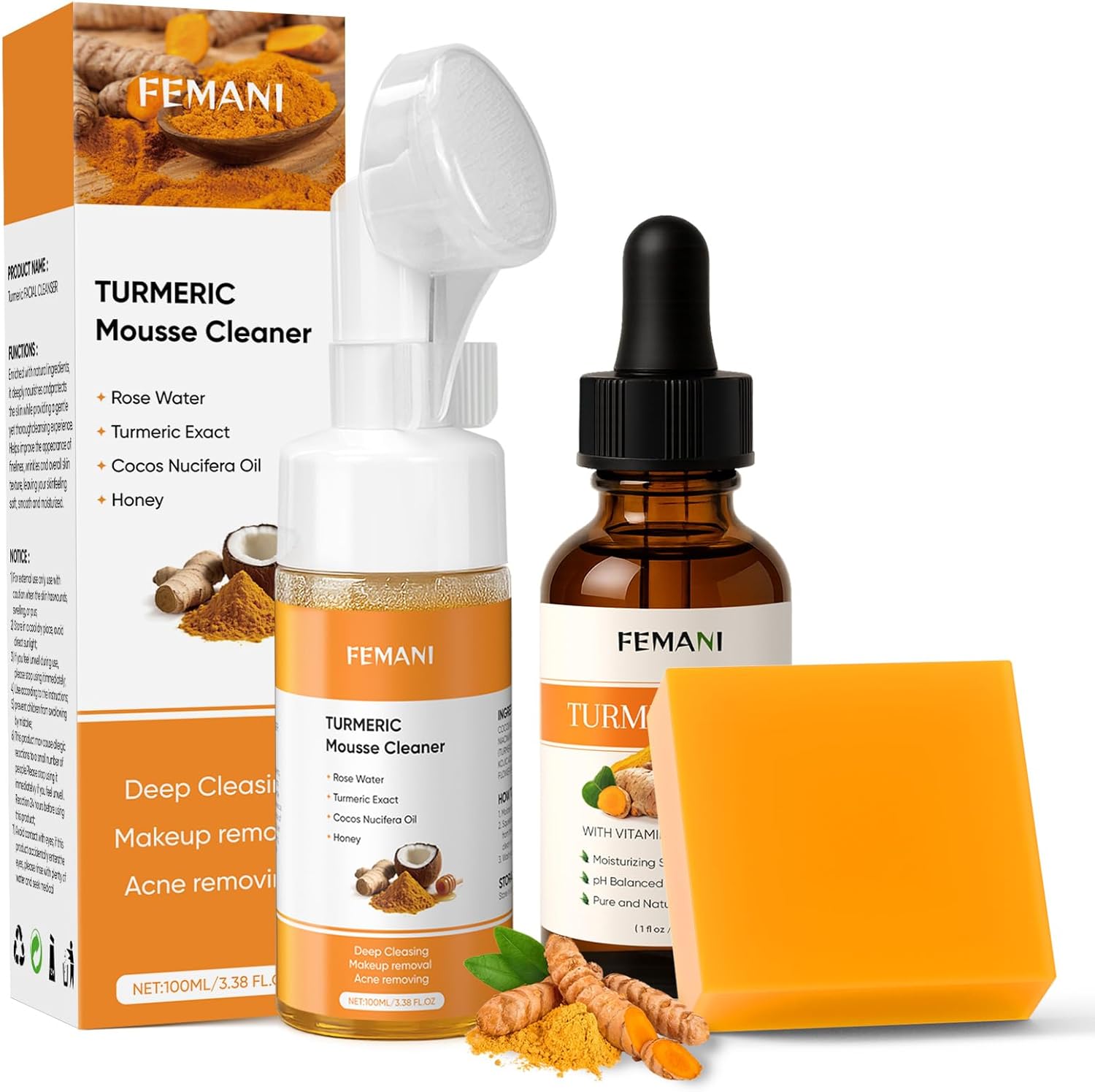 Femani Turmeric Face Wash Set front view featuring cleanser soap and oil for glowing skin
