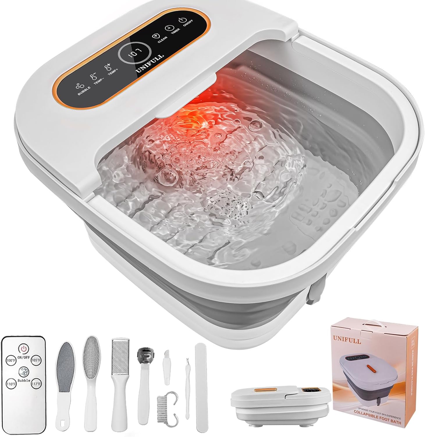 Unifull collapsible foot spa bath front view with touch screen