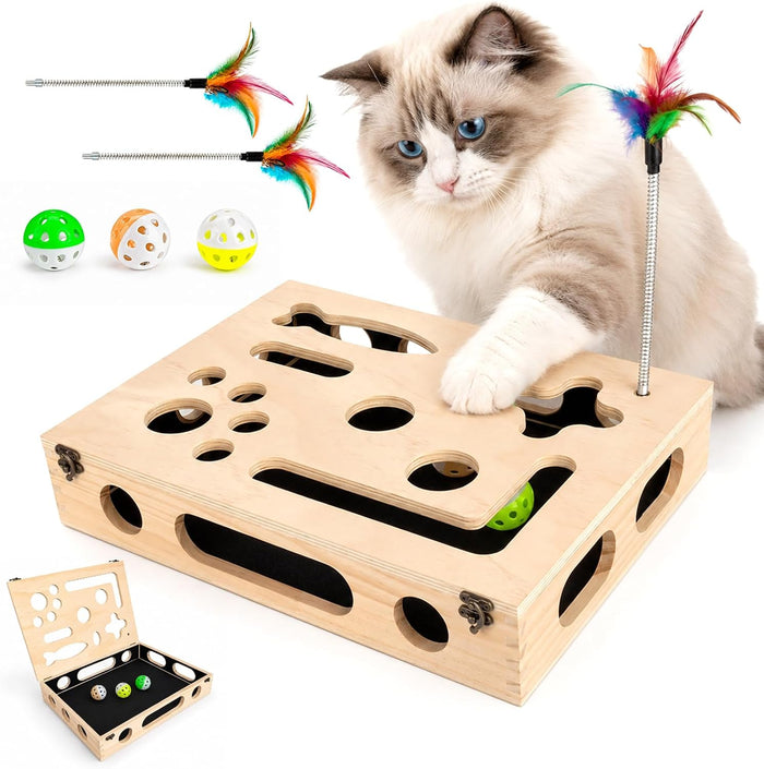 Cat Scratch Puzzle Enrichment Box, Wooden Interactive Toy for Indoor Cat - Image 1