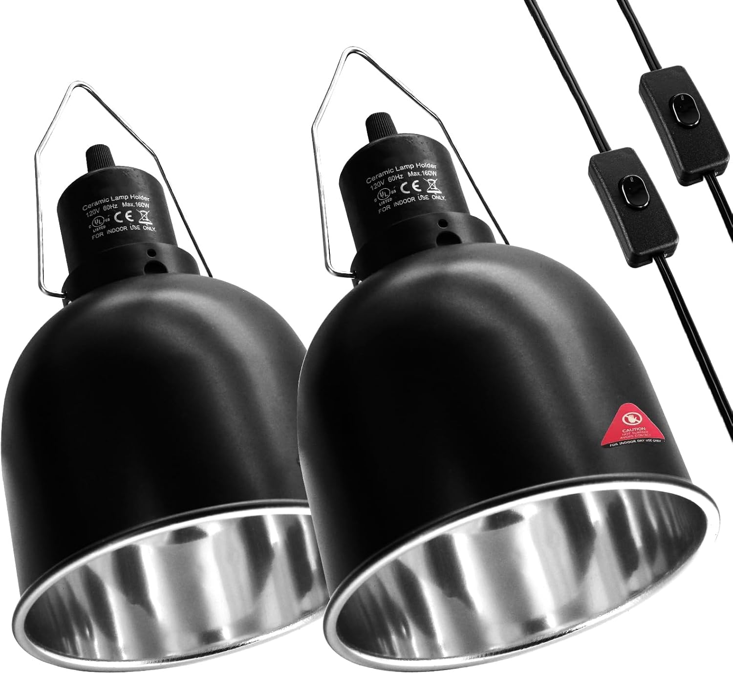 MECESOR reptile light fixture front view showing dual black 5.5 inch deep dome lampshades