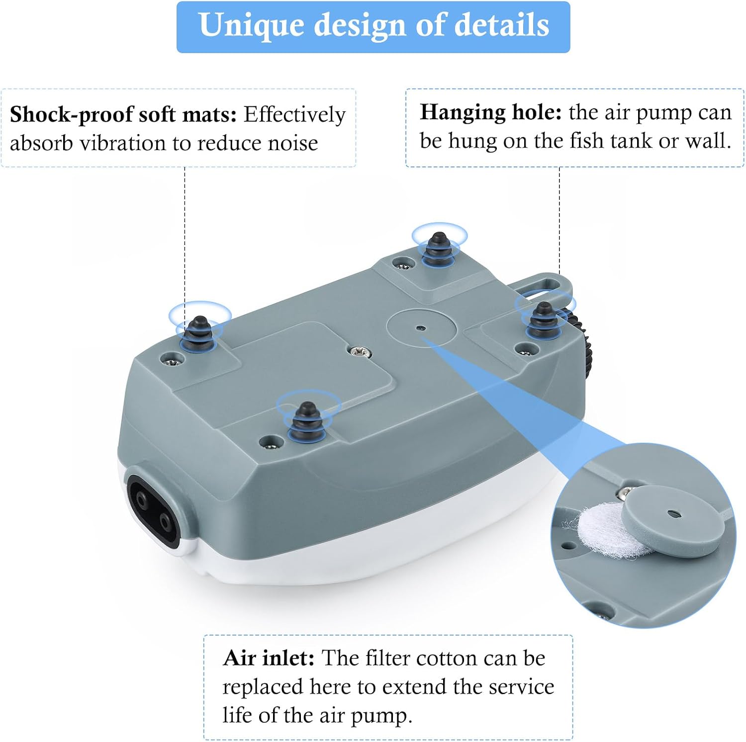 Side profile of Hitop whisper quiet fish tank air pump