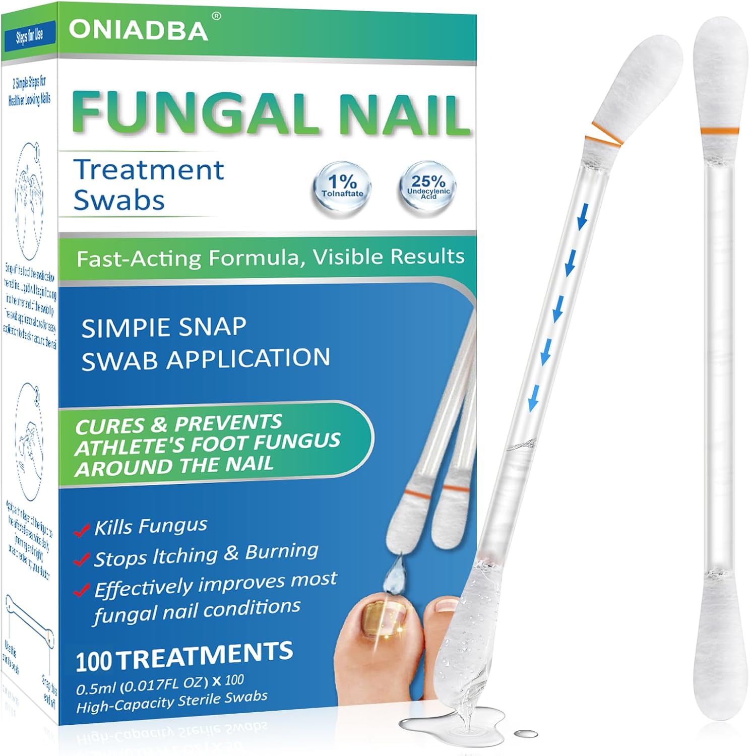 Oniadba Fungal Nail Treatment Swabs 100 Count front packaging with extra strength label.