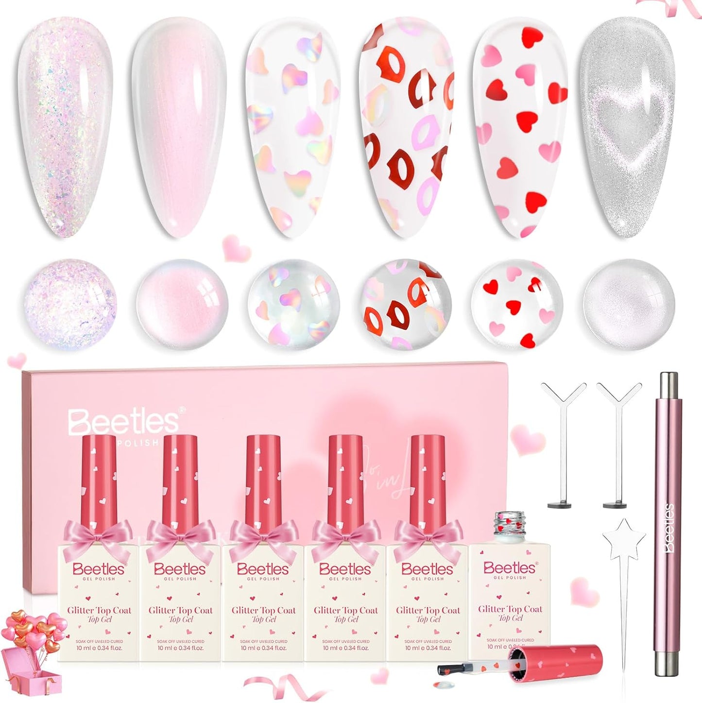 Beetles Valentine's Limited Gel Top Coat Set front view showcasing six glitter bottles.