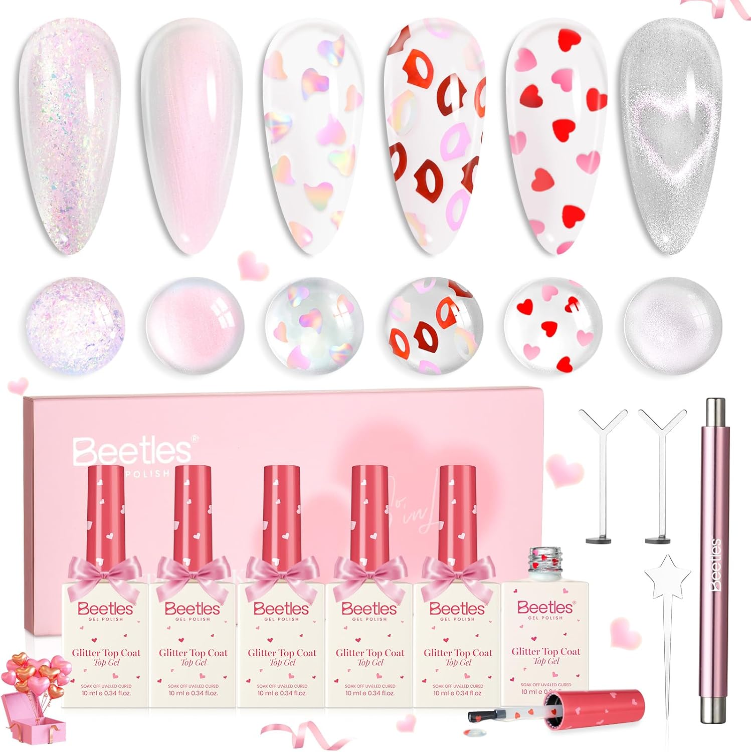 Beetles Valentine's Limited Gel Top Coat Set front view showcasing six glitter bottles.