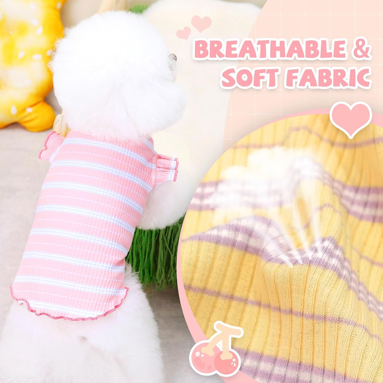 Side view of small dog wearing striped cherry sleeveless vest