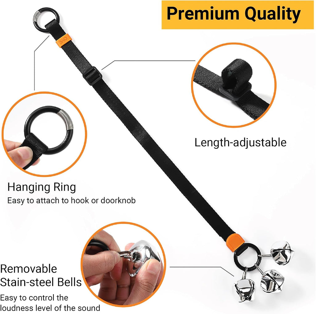 Close up of rust-proof stainless steel bells on nylon strap