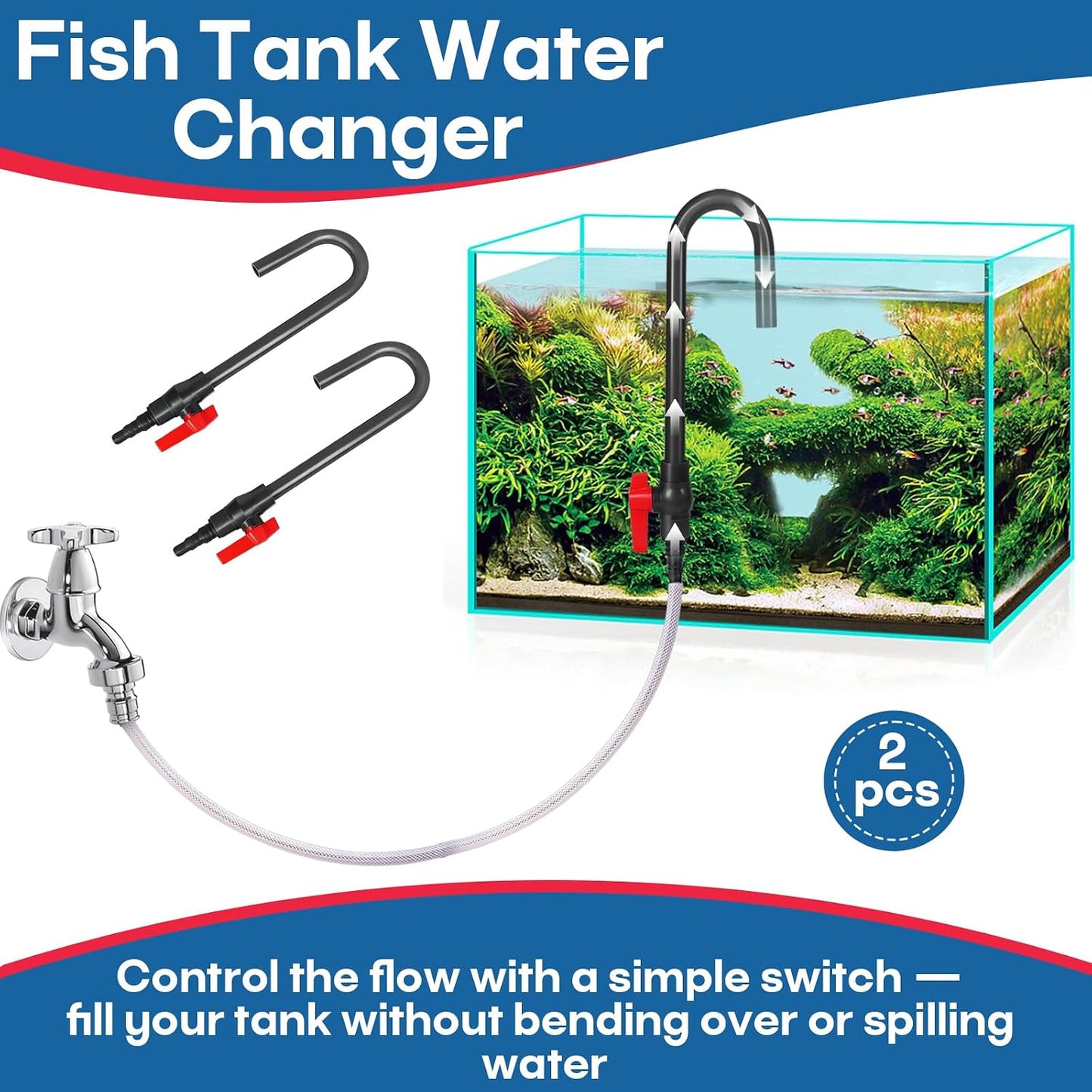 Hands-free aquarium automatic refilling tube hooked to glass edge with attached hose.