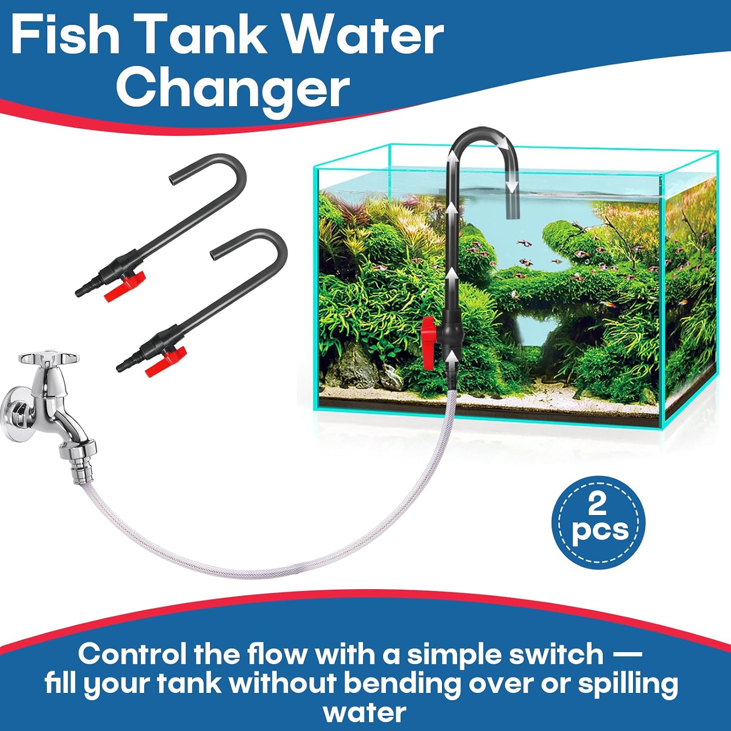 Hands-free aquarium automatic refilling tube hooked to glass edge with attached hose.