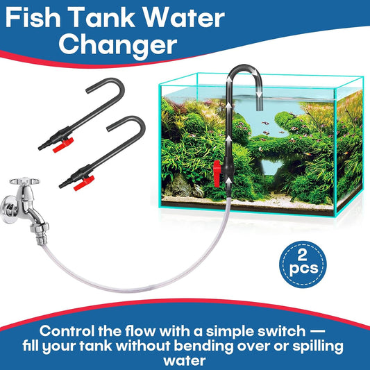 Hands-free aquarium automatic refilling tube hooked to glass edge with attached hose.