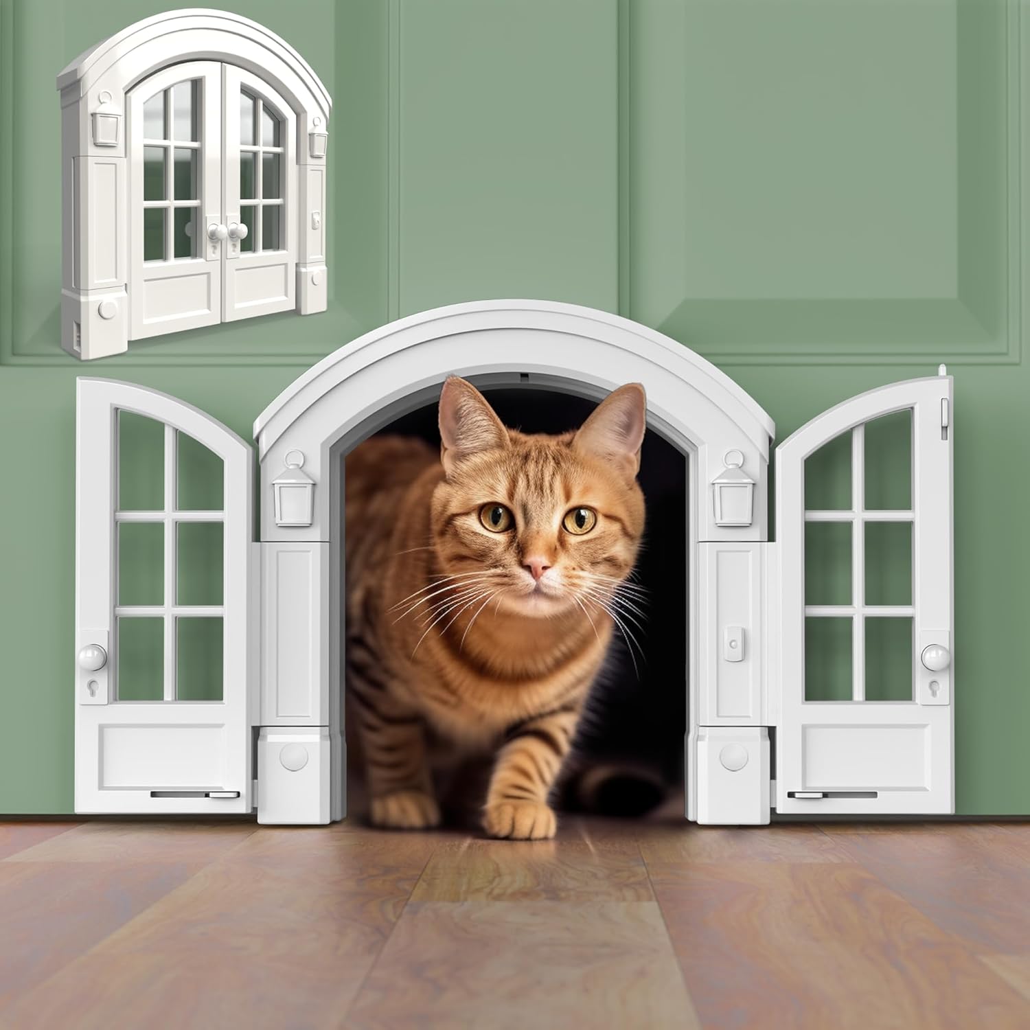 Purrfect Portal interior pet door side profile installed on a standard door.