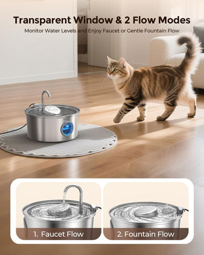 Invengo 3.2 liter stainless steel pet fountain in a home setting