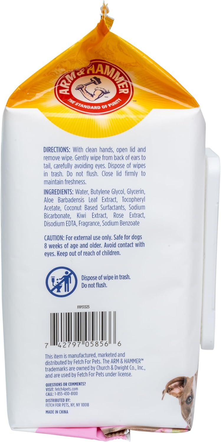Arm And Hammer dog wipes packaging showcasing sulfate and paraben free formula