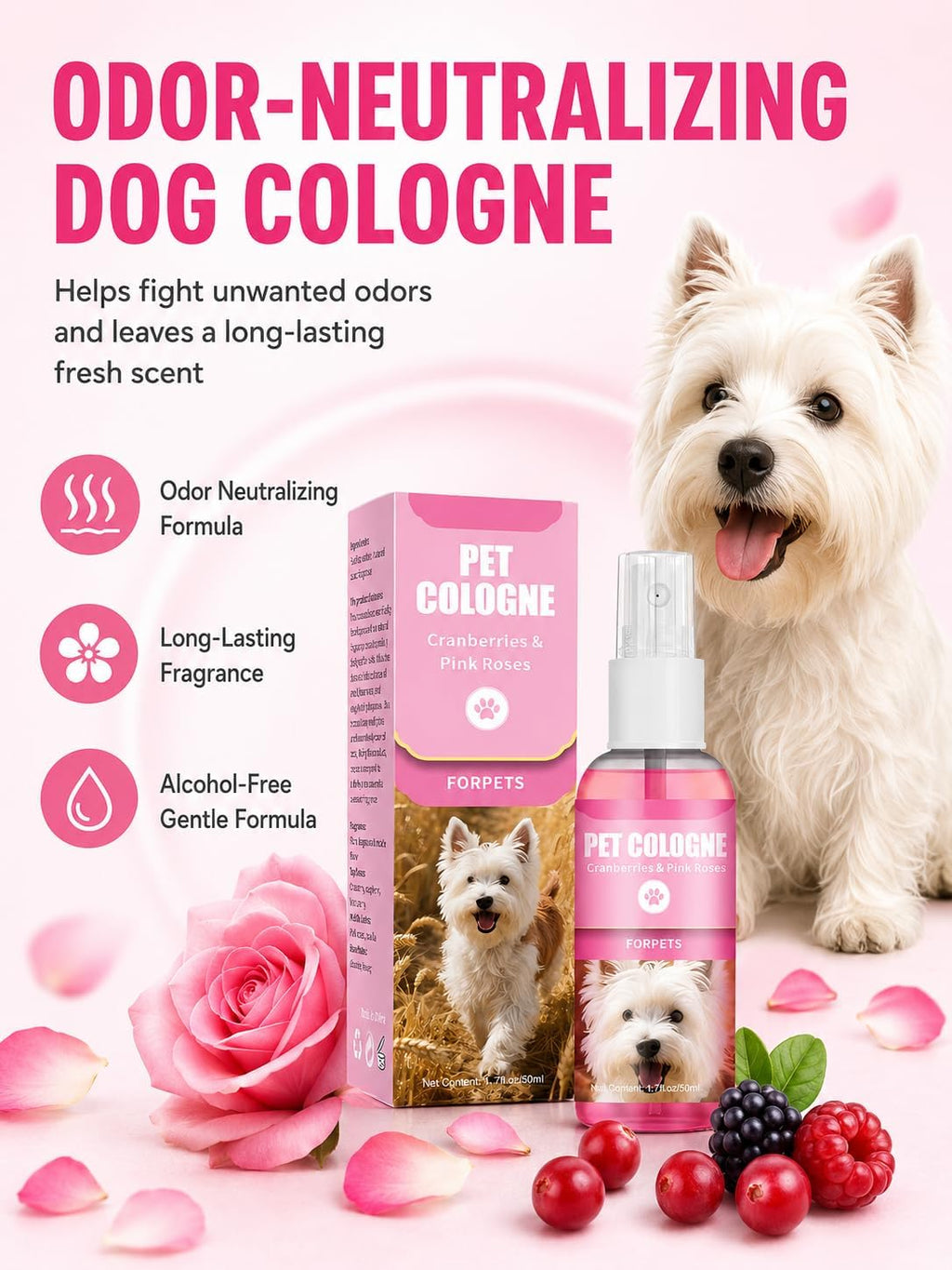 Pet perfume deodorizing freshener with cranberry pink rose packaging