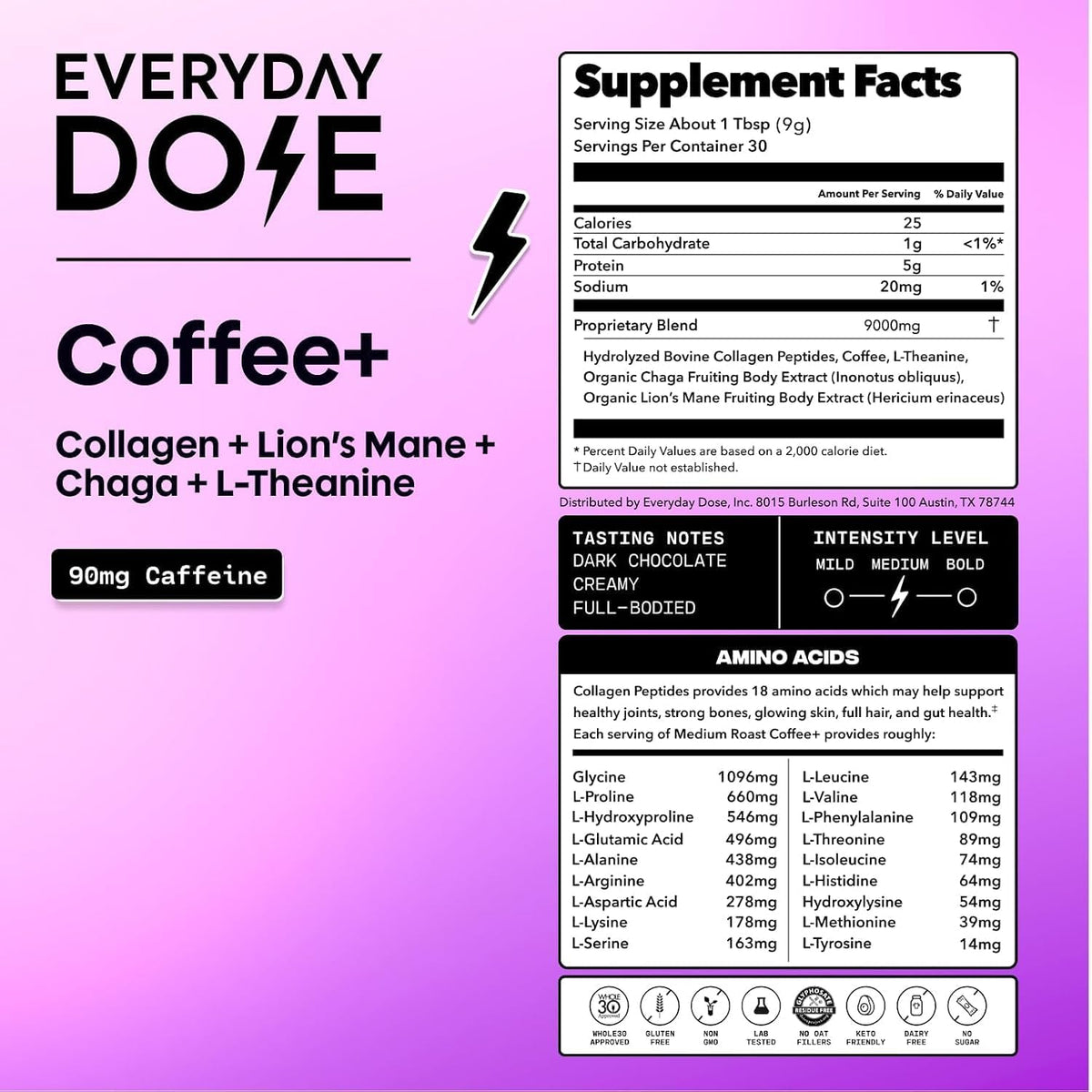 Everyday Dose Bold Medium Roast Mushroom Coffee 90mg Caffeine per serving with Grass-Fed Collagen, Chaga, Lions Mane & L-Theanine for Better Focus, Energy, Digestion, Skin, and Immunity 30 Servings - Image 2