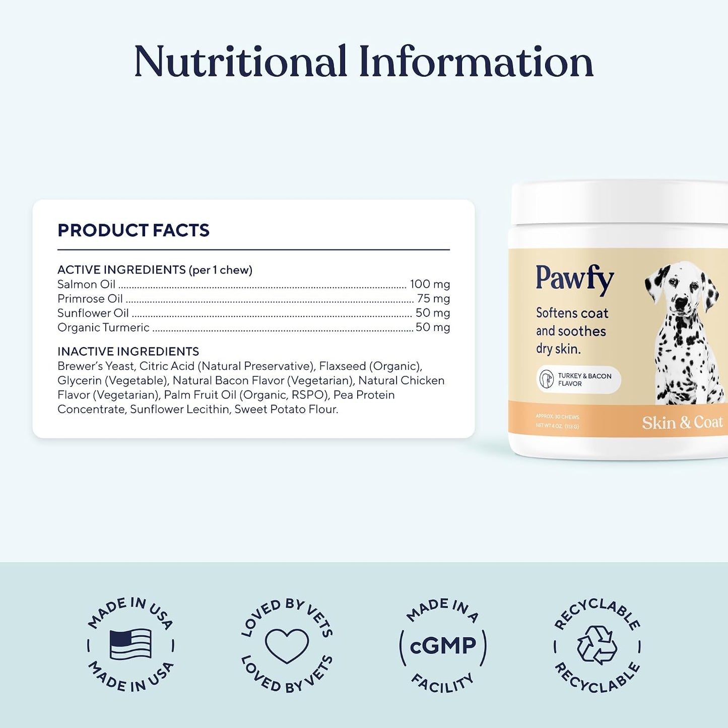Omega three and six fatty acids dog skin supplement packaging.