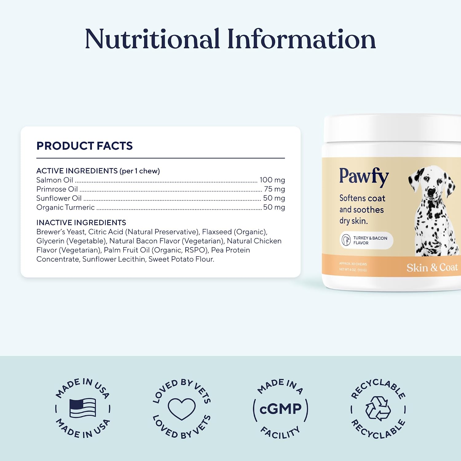Omega three and six fatty acids dog skin supplement packaging.