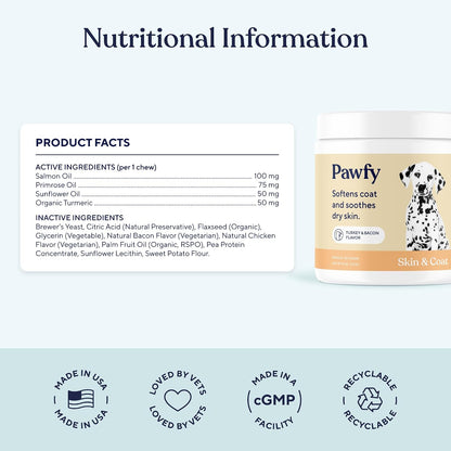 Omega three and six fatty acids dog skin supplement packaging.