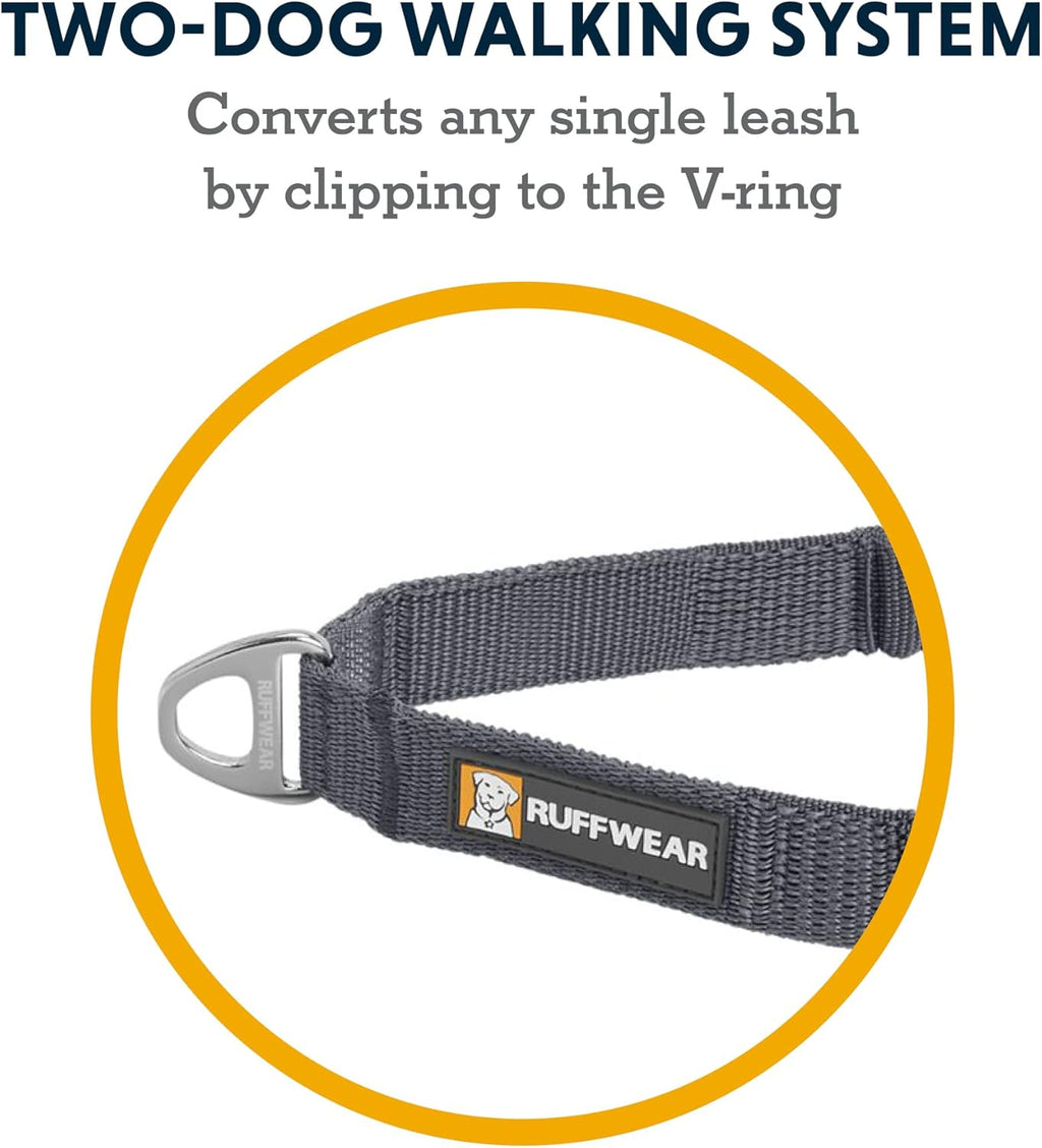 Ruffwear two dog leash splitter attached to a single lead for tangle free walking.