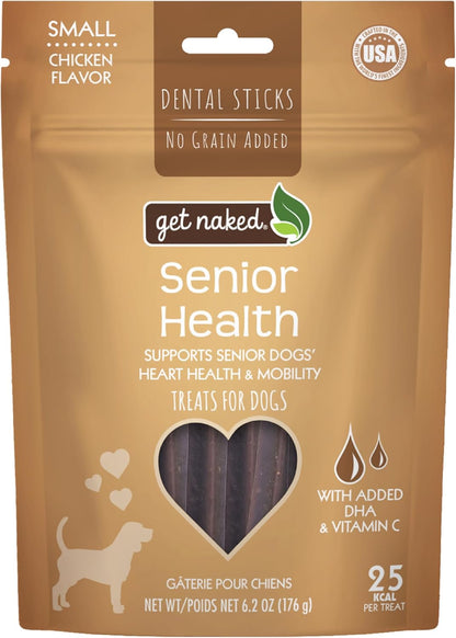 Get Naked senior health dog dental sticks in a bowl
