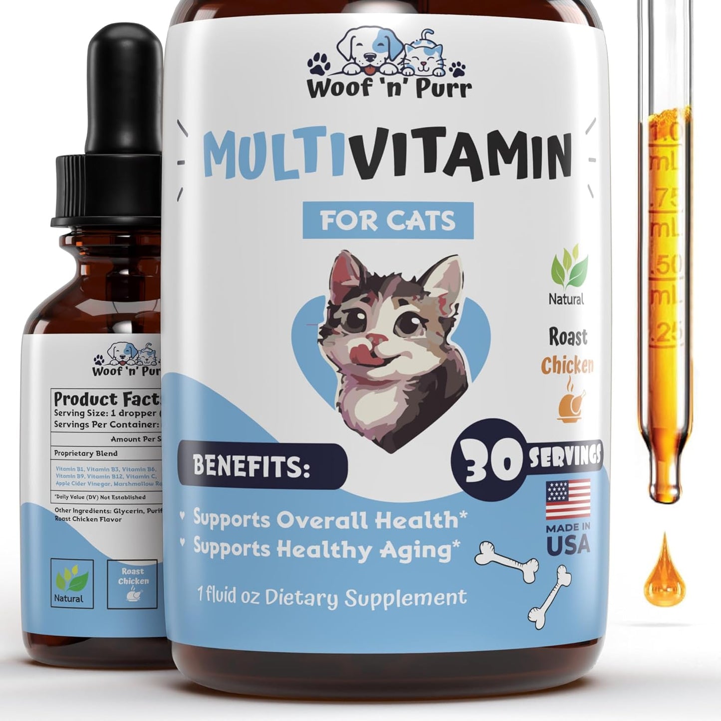 Woof 'n' Purr Cat Multivitamin liquid bottle front view for feline skin and coat health